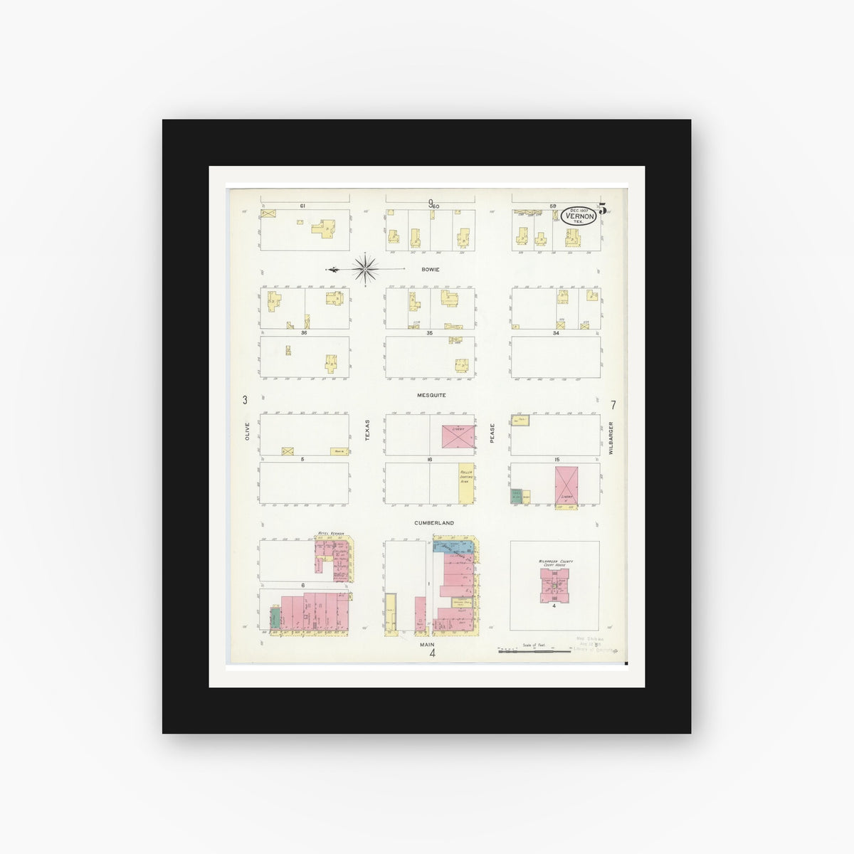 Old map wall art mockup — black gallery frame with white mat — Sanborn Fire Insurance Map from Vernon, Wilbarger County, Texas (1907), Sheet #0005