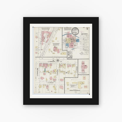 Old map wall art mockup — black gallery frame with white mat — Sanborn Fire Insurance Map from Bucyrus, Crawford County, Ohio (1888) - Complete Map Set