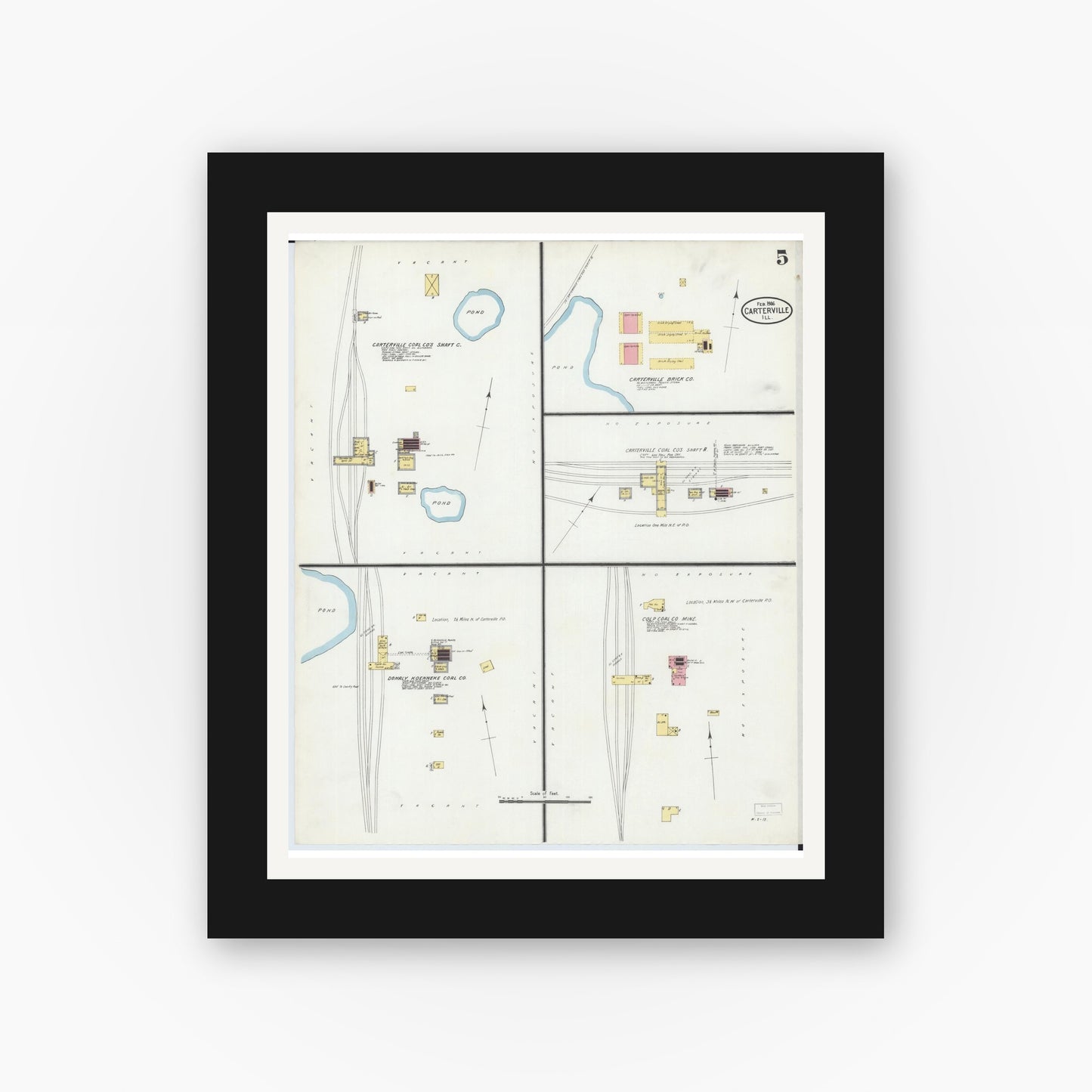 Old map wall art mockup — black gallery frame with white mat — Sanborn Fire Insurance Map from Carterville, Williamson County, Illinois (1906), Sheet #0005