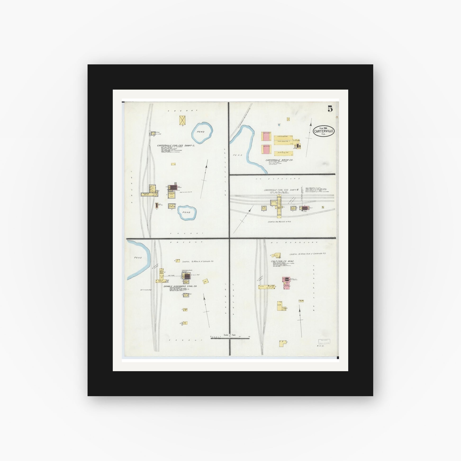 Old map wall art mockup — black gallery frame with white mat — Sanborn Fire Insurance Map from Carterville, Williamson County, Illinois (1906), Sheet #0005