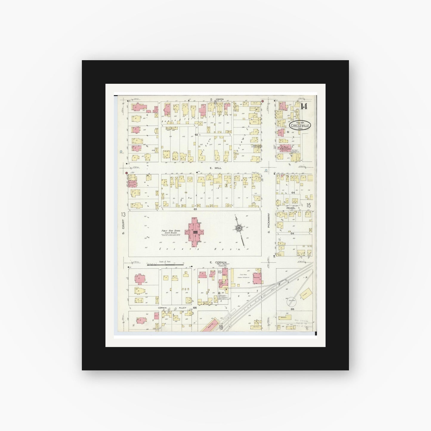 Old map wall art mockup — black gallery frame with white mat — Sanborn Fire Insurance Map from Circleville, Pickaway County, Ohio (1914), Sheet #0014