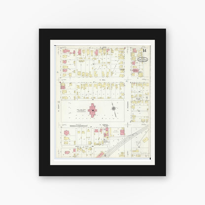 Old map wall art mockup — black gallery frame with white mat — Sanborn Fire Insurance Map from Circleville, Pickaway County, Ohio (1914), Sheet #0014