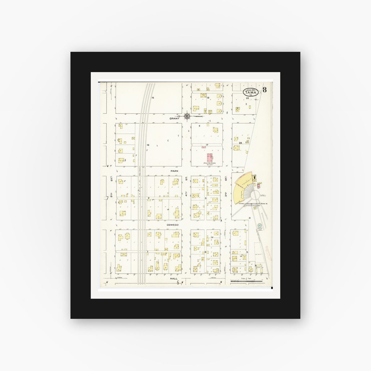Old map wall art mockup — black gallery frame with white mat — Sanborn Fire Insurance Map from Tama, Tama County, Iowa (1915), Sheet #0008