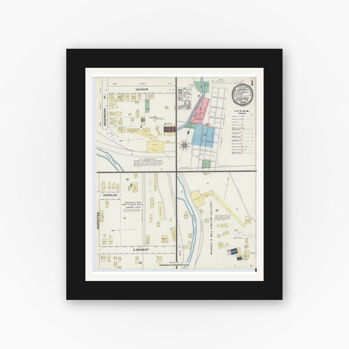 Old map wall art mockup — black gallery frame with white mat — Sanborn Fire Insurance Map from Luzerne, Luzerne County, Pennsylvania (1891) - Complete Map Set