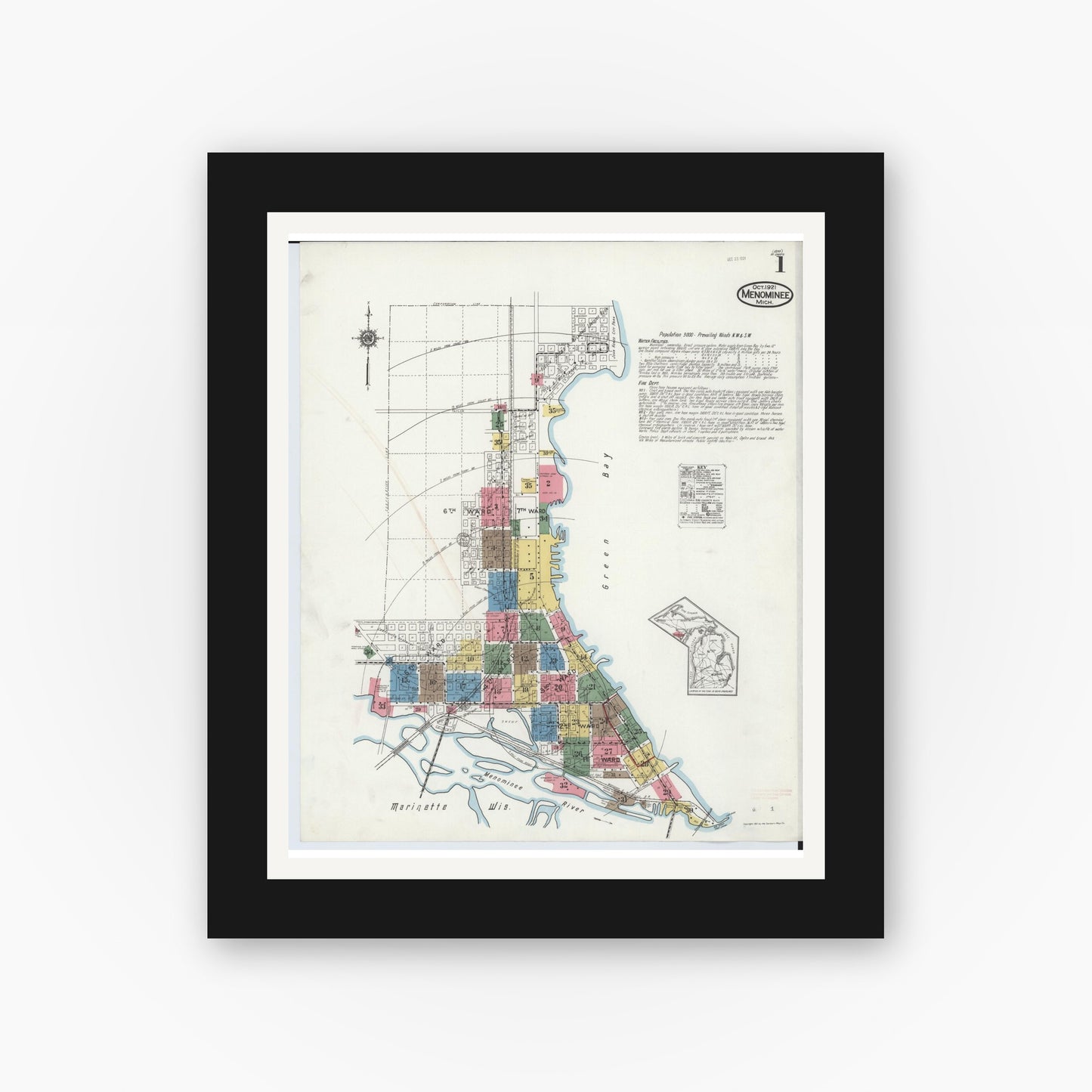Old map wall art mockup — black gallery frame with white mat — Sanborn Fire Insurance Map from Menominee, Menominee County, Michigan (1921) - Complete Map Set