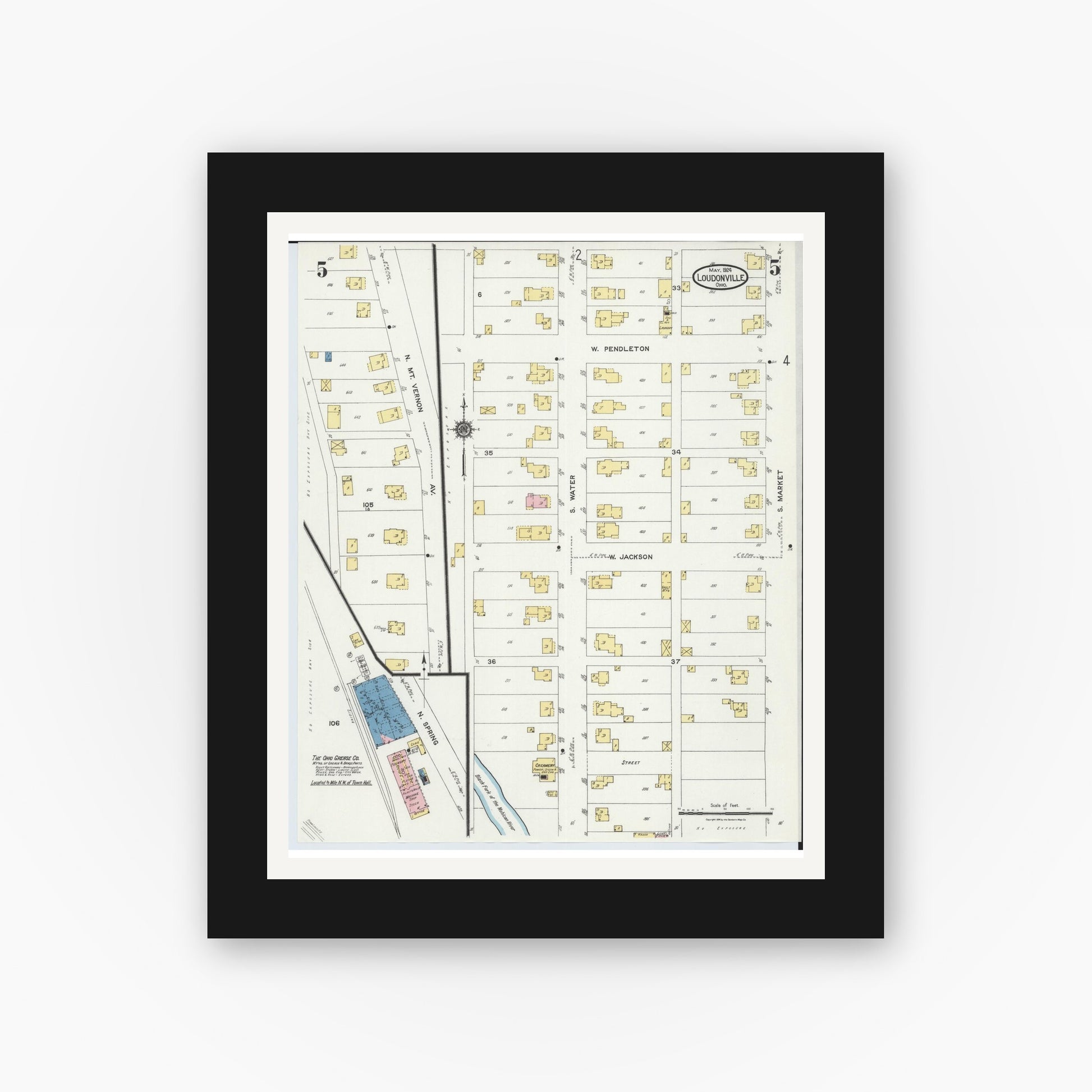 Old map wall art mockup — black gallery frame with white mat — Sanborn Fire Insurance Map from Loudonville, Ashland County, Ohio (1924), Sheet #0005