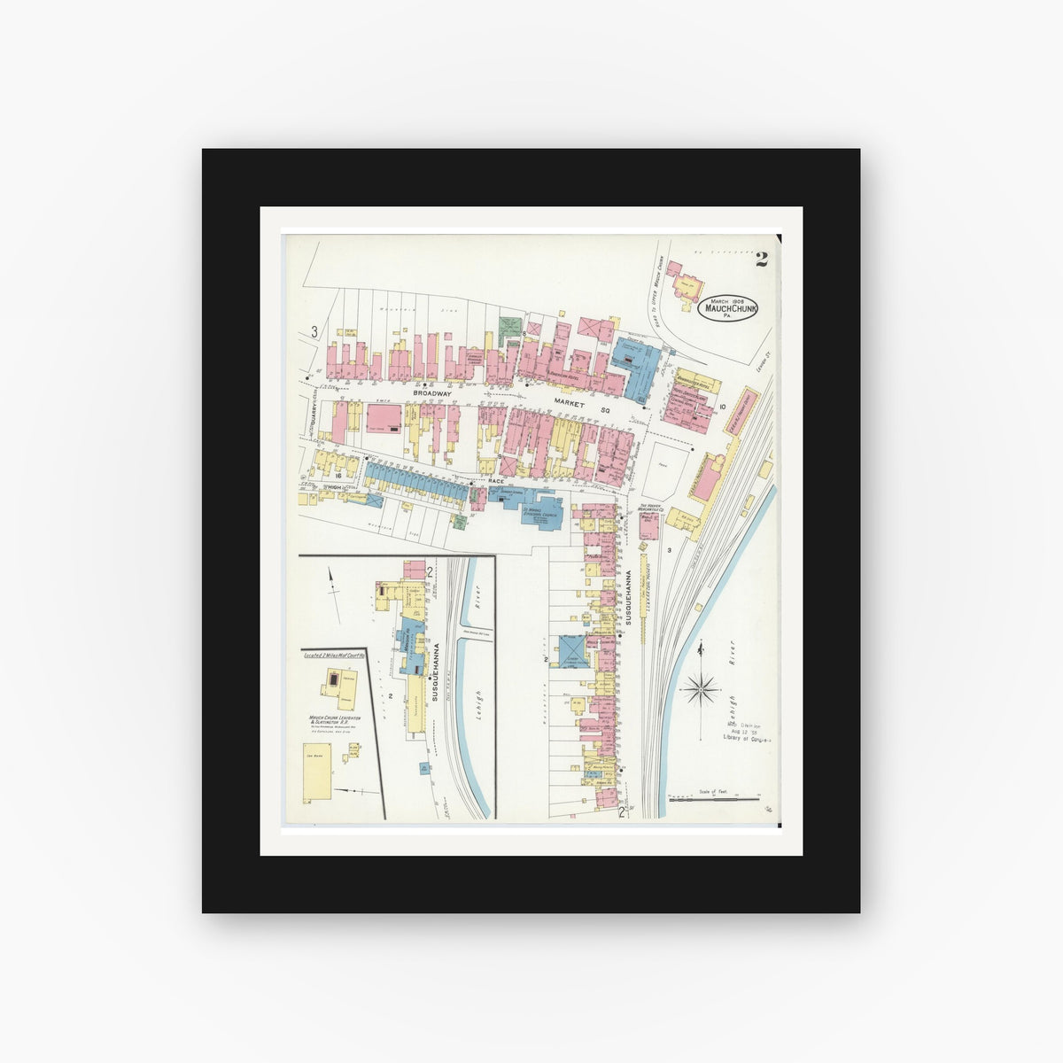 Old map wall art mockup — black gallery frame with white mat — Sanborn Fire Insurance Map from Mauch Chunk, Carbon County, Pennsylvania (1908), Sheet #0002