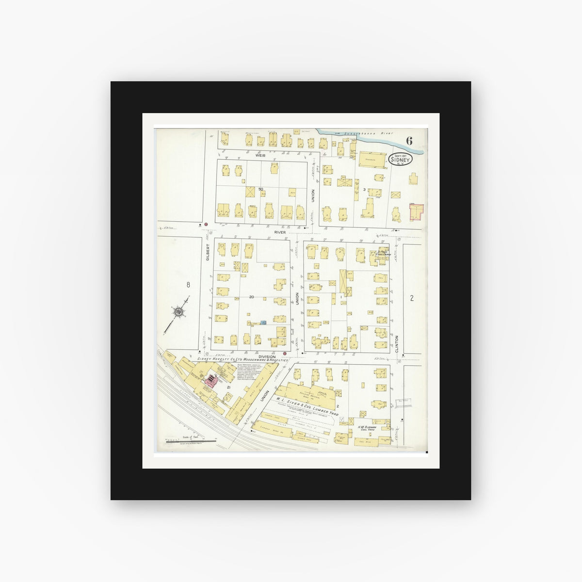 Old map wall art mockup — black gallery frame with white mat — Sanborn Fire Insurance Map from Sidney, Delaware County, New York (1917), Sheet #0006