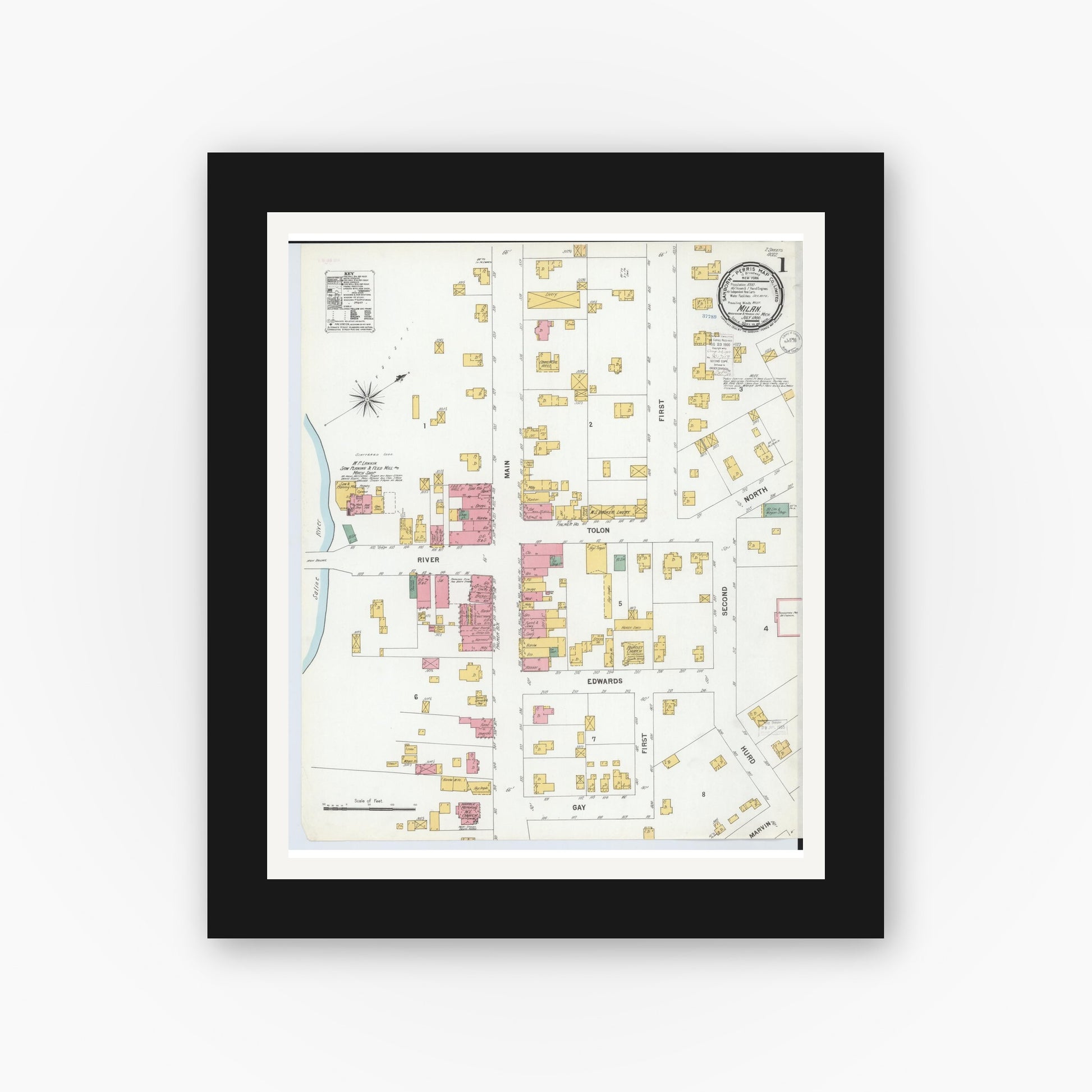 Old map wall art mockup — black gallery frame with white mat — Sanborn Fire Insurance Map from Milan, Washtenaw And Monroe Counties, Michigan (1900) - Complete Map Set
