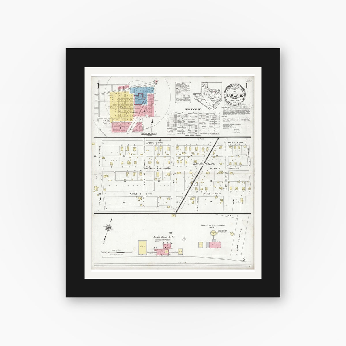 Old map wall art mockup — black gallery frame with white mat — Sanborn Fire Insurance Map from Garland, Dallas County, Texas (1928) - Complete Map Set