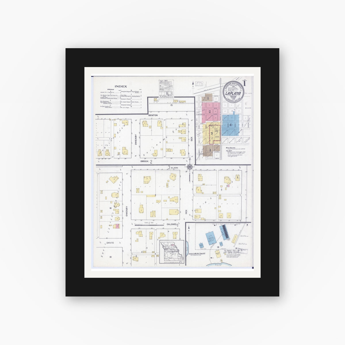 Old map wall art mockup — black gallery frame with white mat — Sanborn Fire Insurance Map from La Plata, Macon County, Missouri (1916), Sheet #0001