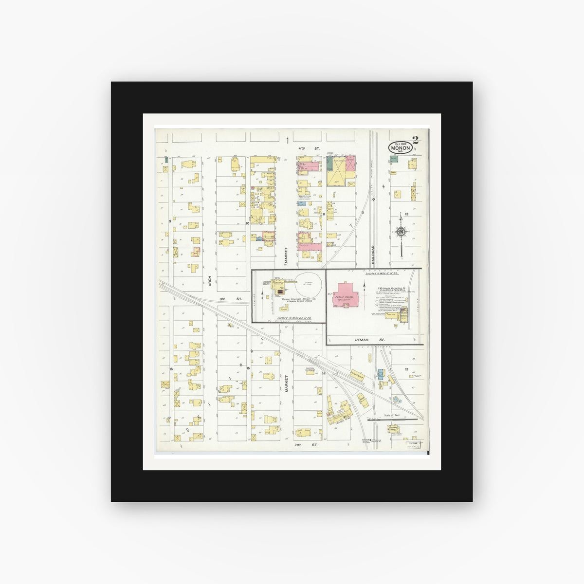 Old map wall art mockup — black gallery frame with white mat — Sanborn Fire Insurance Map from Monon, White County, Indiana (1909), Sheet #0002