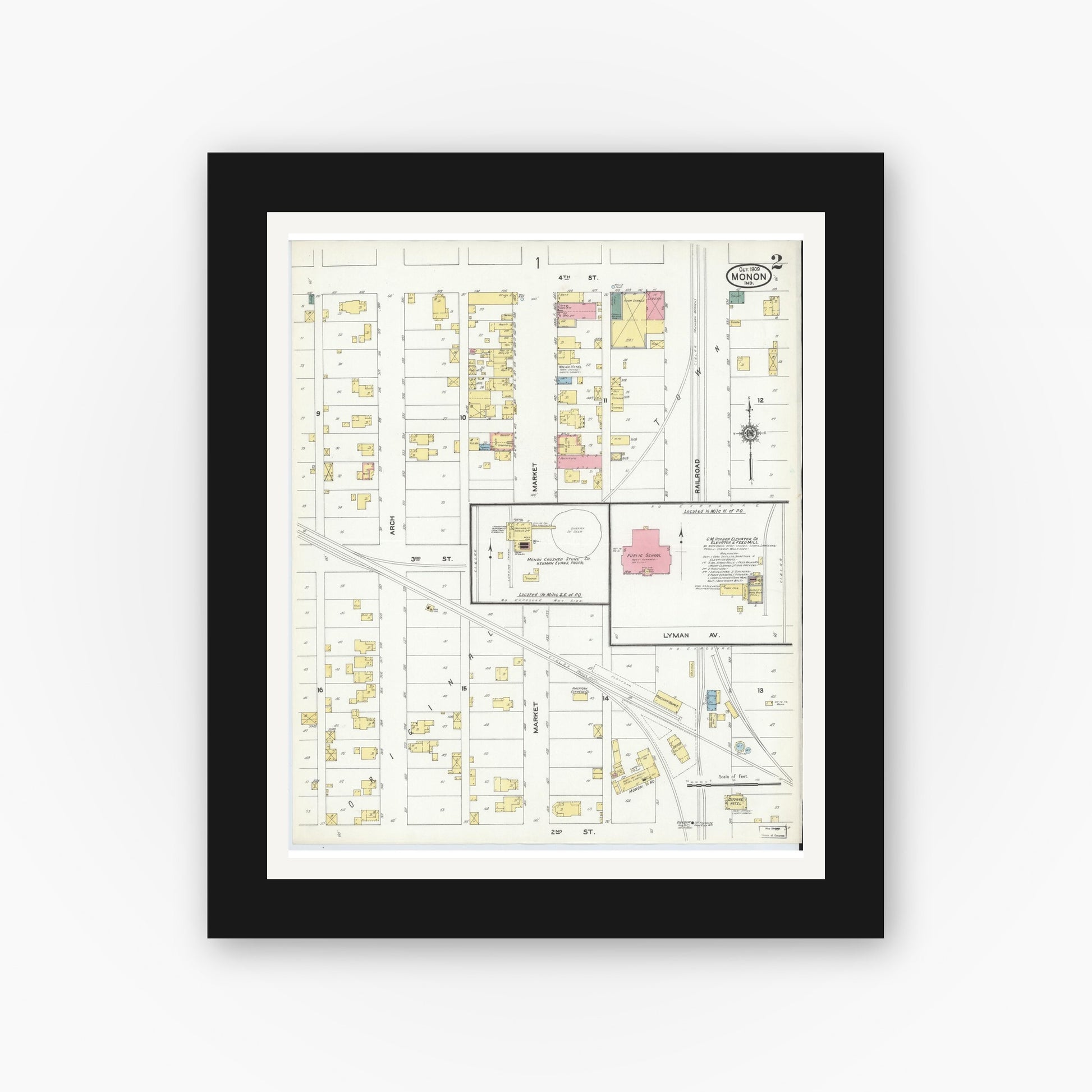 Old map wall art mockup — black gallery frame with white mat — Sanborn Fire Insurance Map from Monon, White County, Indiana (1909), Sheet #0002
