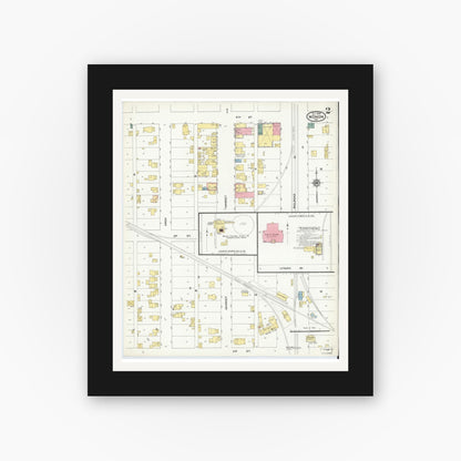 Old map wall art mockup — black gallery frame with white mat — Sanborn Fire Insurance Map from Monon, White County, Indiana (1909), Sheet #0002
