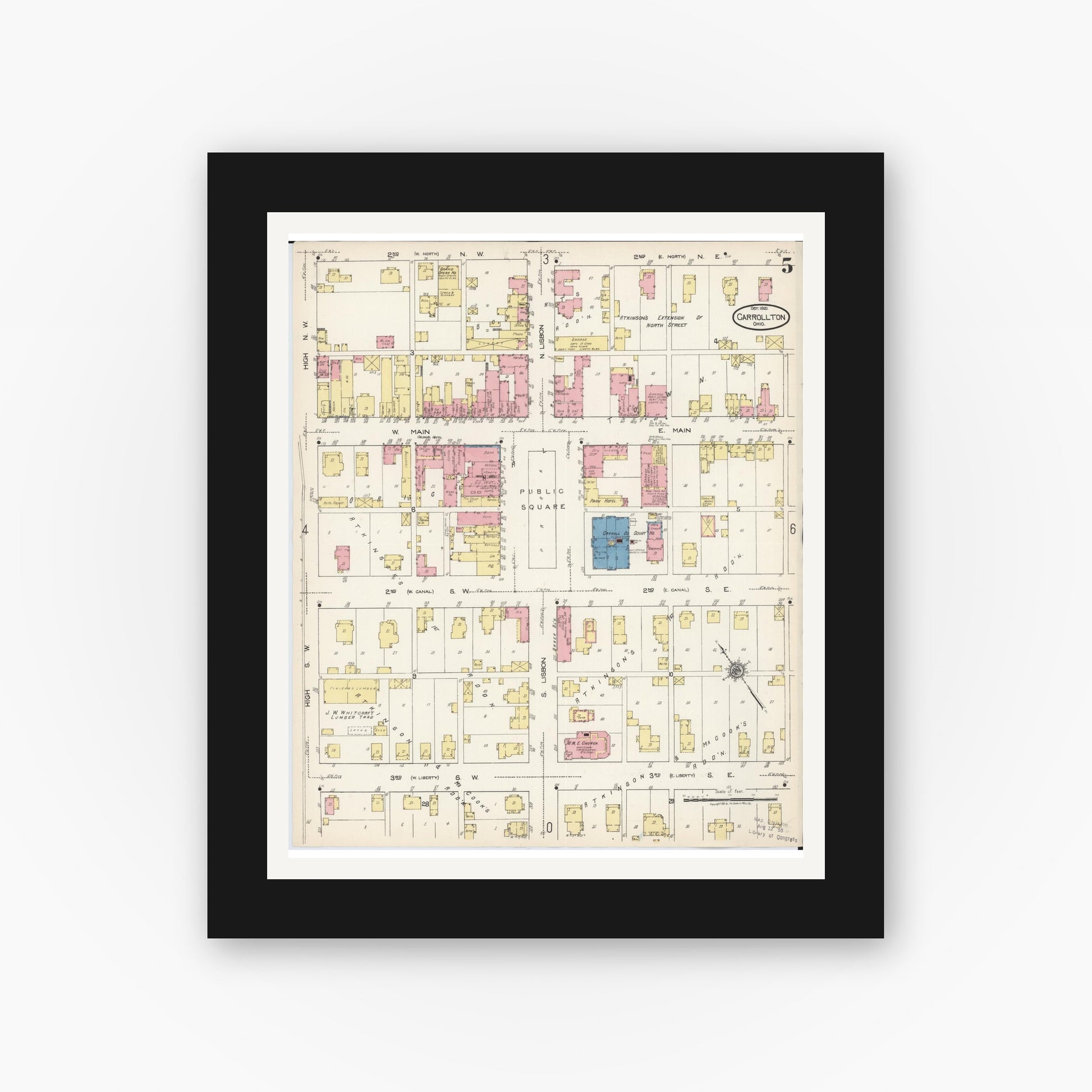 Old map wall art mockup — black gallery frame with white mat — Sanborn Fire Insurance Map from Carrollton, Carroll County, Ohio (1921), Sheet #0005