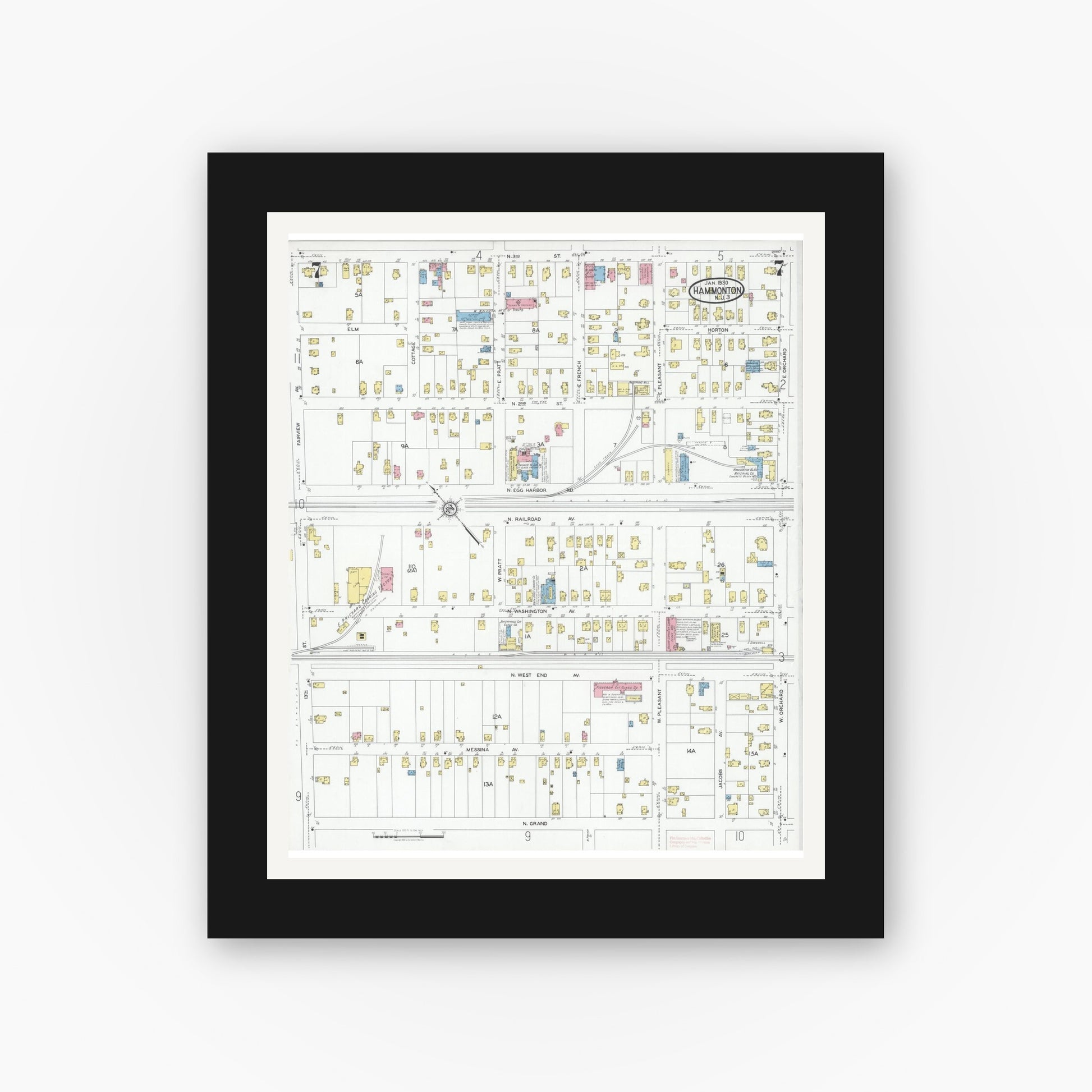 Old map wall art mockup — black gallery frame with white mat — Sanborn Fire Insurance Map from Hammonton, Atlantic County, New Jersey (1930), Sheet #0007