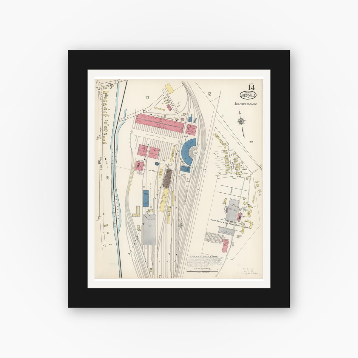 Old map wall art mockup — black gallery frame with white mat — Sanborn Fire Insurance Map from Greenville, Mercer County, Pennsylvania (1922), Sheet #0014