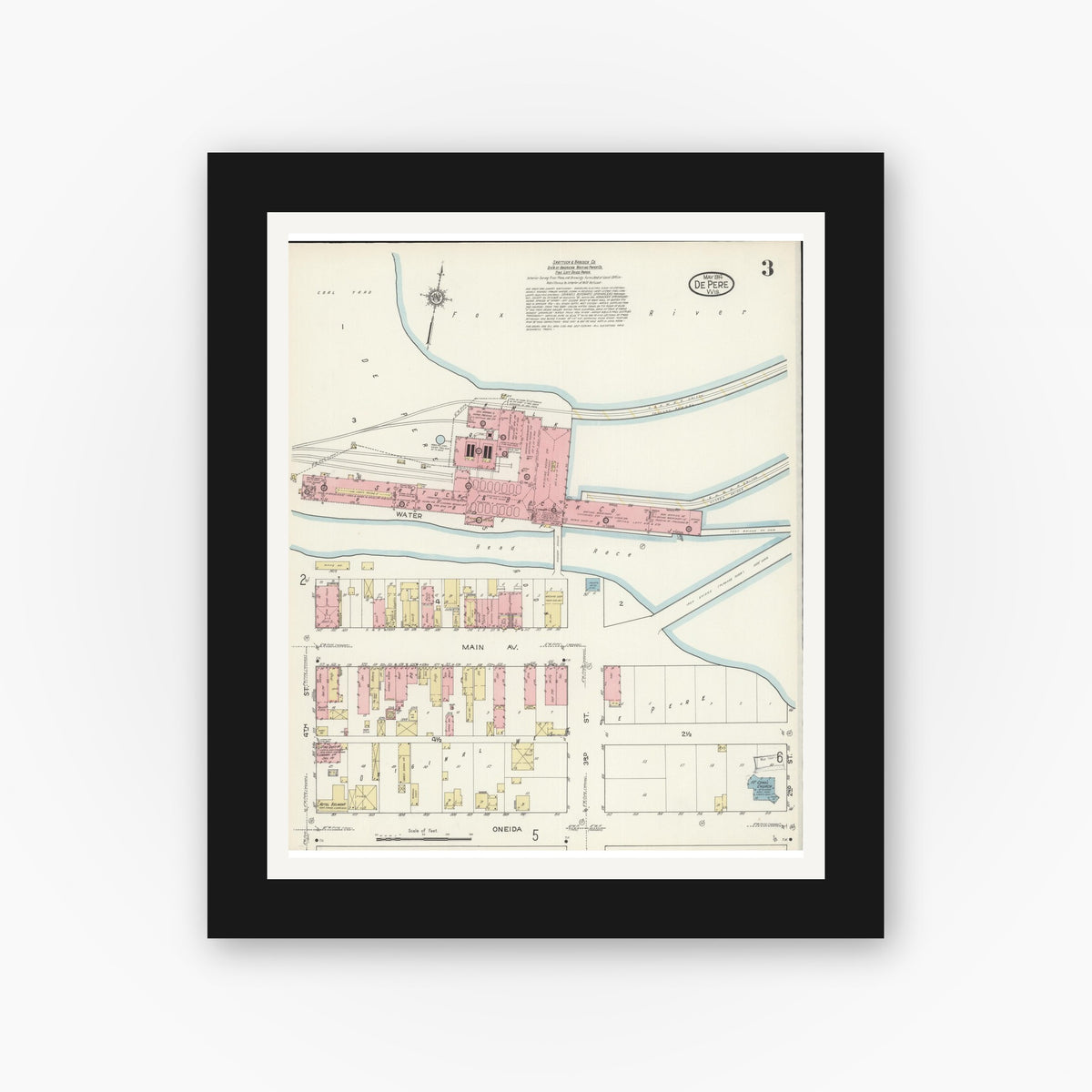 Old map wall art mockup — black gallery frame with white mat — Sanborn Fire Insurance Map from De Pere, Brown County, Wisconsin (1914), Sheet #0003