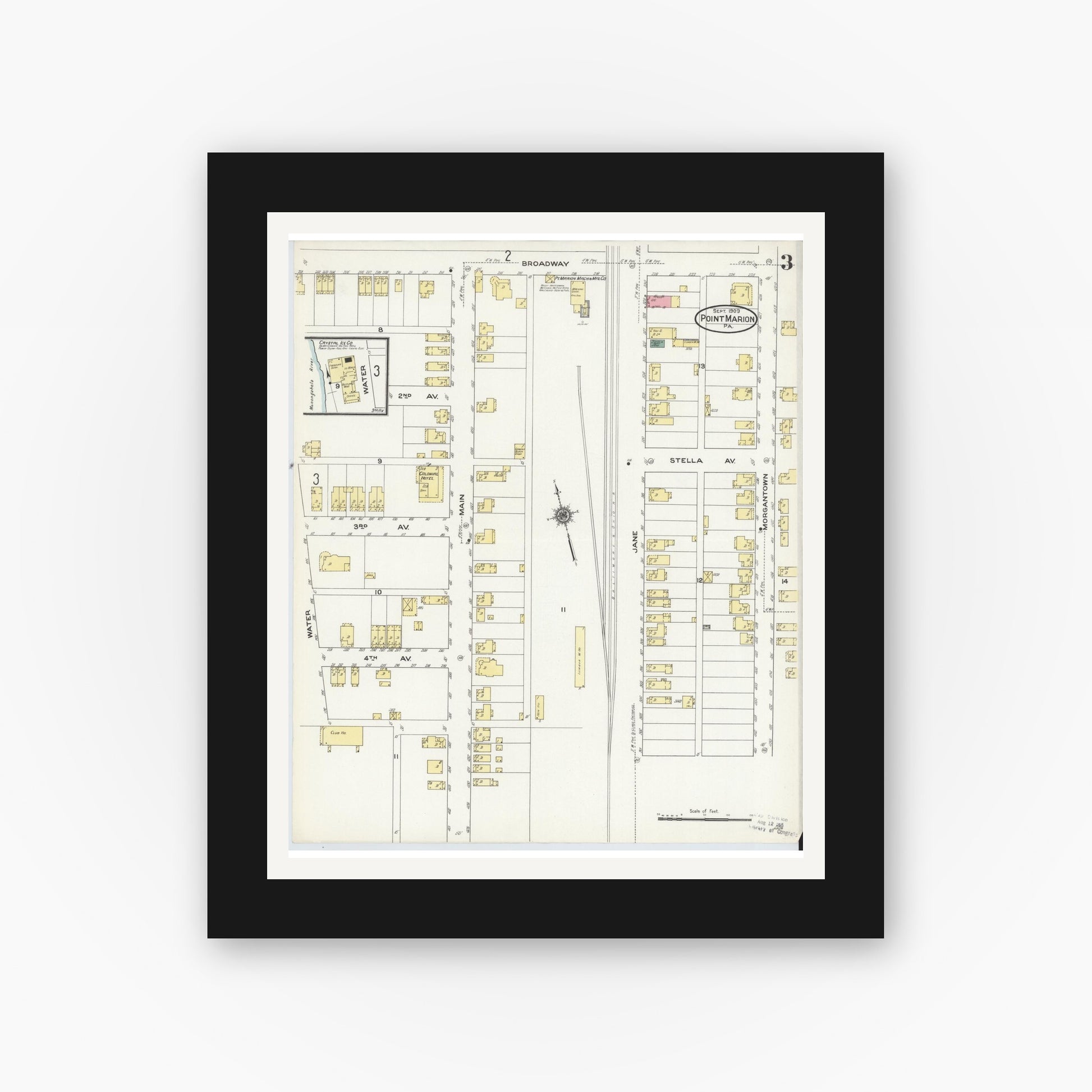 Old map wall art mockup — black gallery frame with white mat — Sanborn Fire Insurance Map from Point Marion, Fayette County, Pennsylvania (1909), Sheet #0003