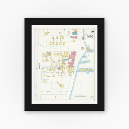 Old map wall art mockup — black gallery frame with white mat — Sanborn Fire Insurance Map from Daytona, Volusia County, Florida (1906), Sheet #0010