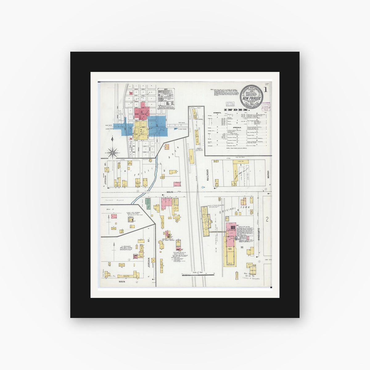 Old map wall art mockup — black gallery frame with white mat — Sanborn Fire Insurance Map from New Prague, Scott And Le Sueur, Minnesota (1904), Sheet #0001
