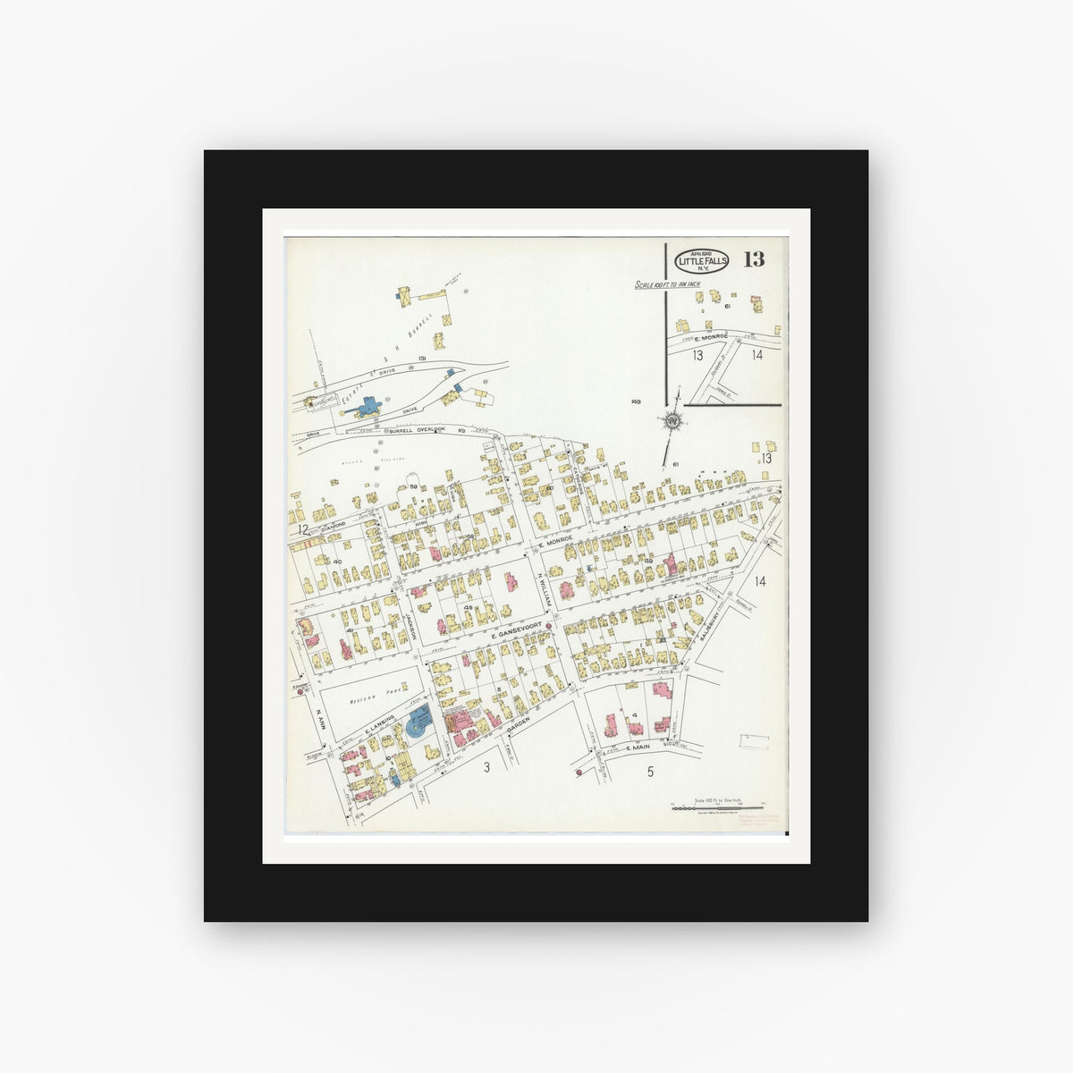 Old map wall art mockup — black gallery frame with white mat — Sanborn Fire Insurance Map from Little Falls, Herkimer County, New York (1918), Sheet #0013
