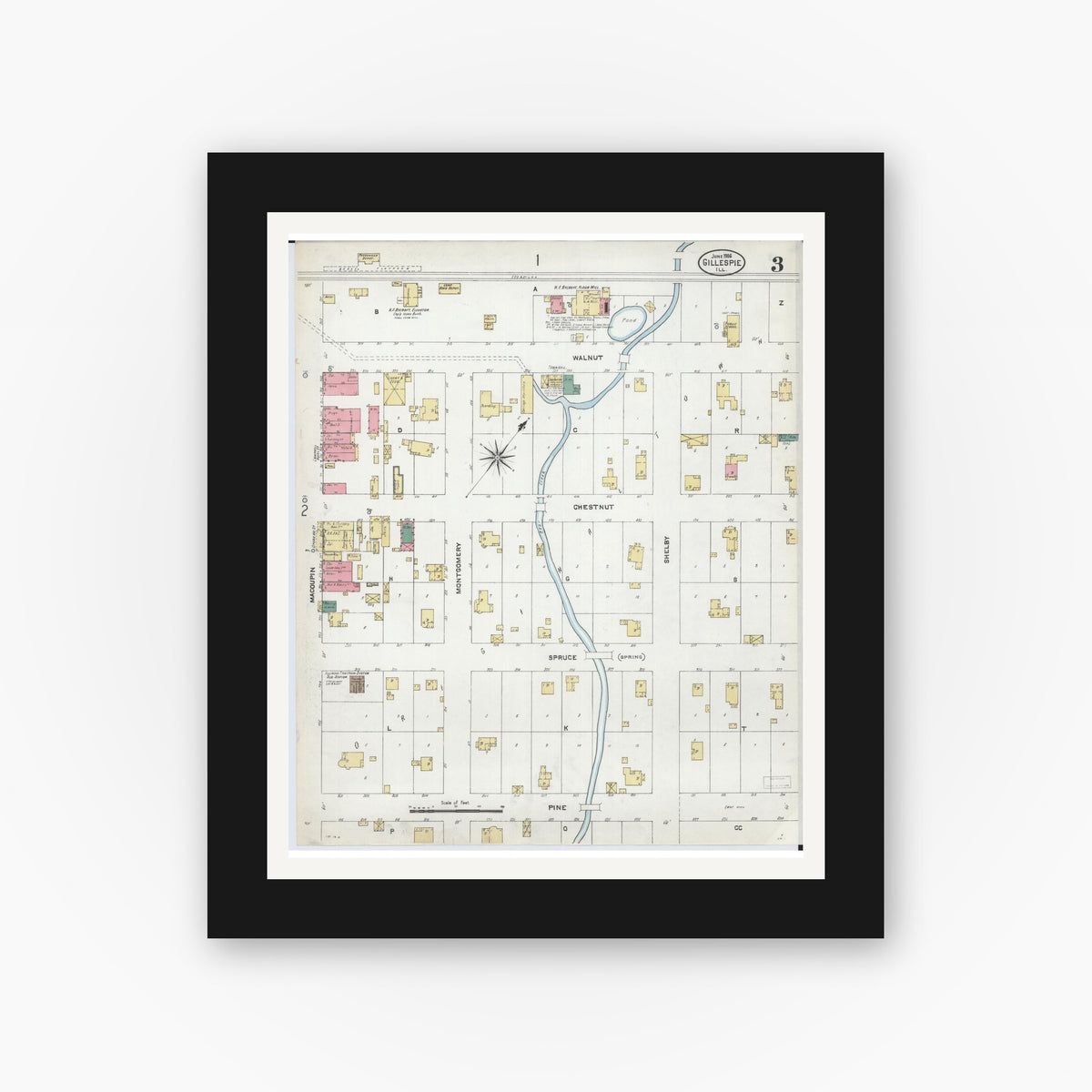 Old map wall art mockup — black gallery frame with white mat — Sanborn Fire Insurance Map from Gillespie, Macoupin County, Illinois (1906), Sheet #0003