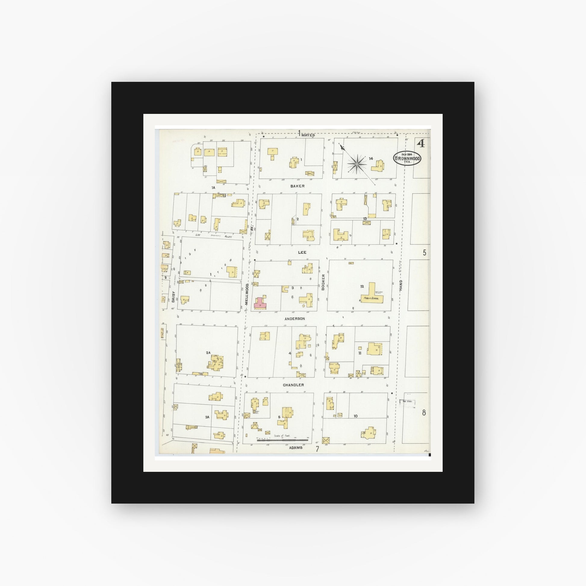 Old map wall art mockup — black gallery frame with white mat — Sanborn Fire Insurance Map from Brownwood, Brown County, Texas (1904), Sheet #0004