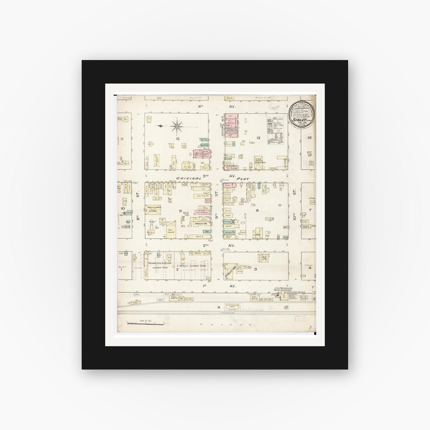 Old map wall art mockup — black gallery frame with white mat — Sanborn Fire Insurance Map from Sibley, Osceola County, Iowa (1886), Sheet #0001