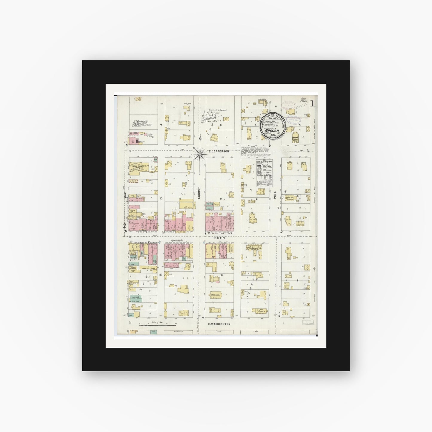 Old map wall art mockup — black gallery frame with white mat — Sanborn Fire Insurance Map from Arcola, Douglas County, Illinois (1897), Sheet #0001