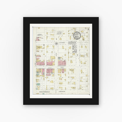 Old map wall art mockup — black gallery frame with white mat — Sanborn Fire Insurance Map from Arcola, Douglas County, Illinois (1897), Sheet #0001