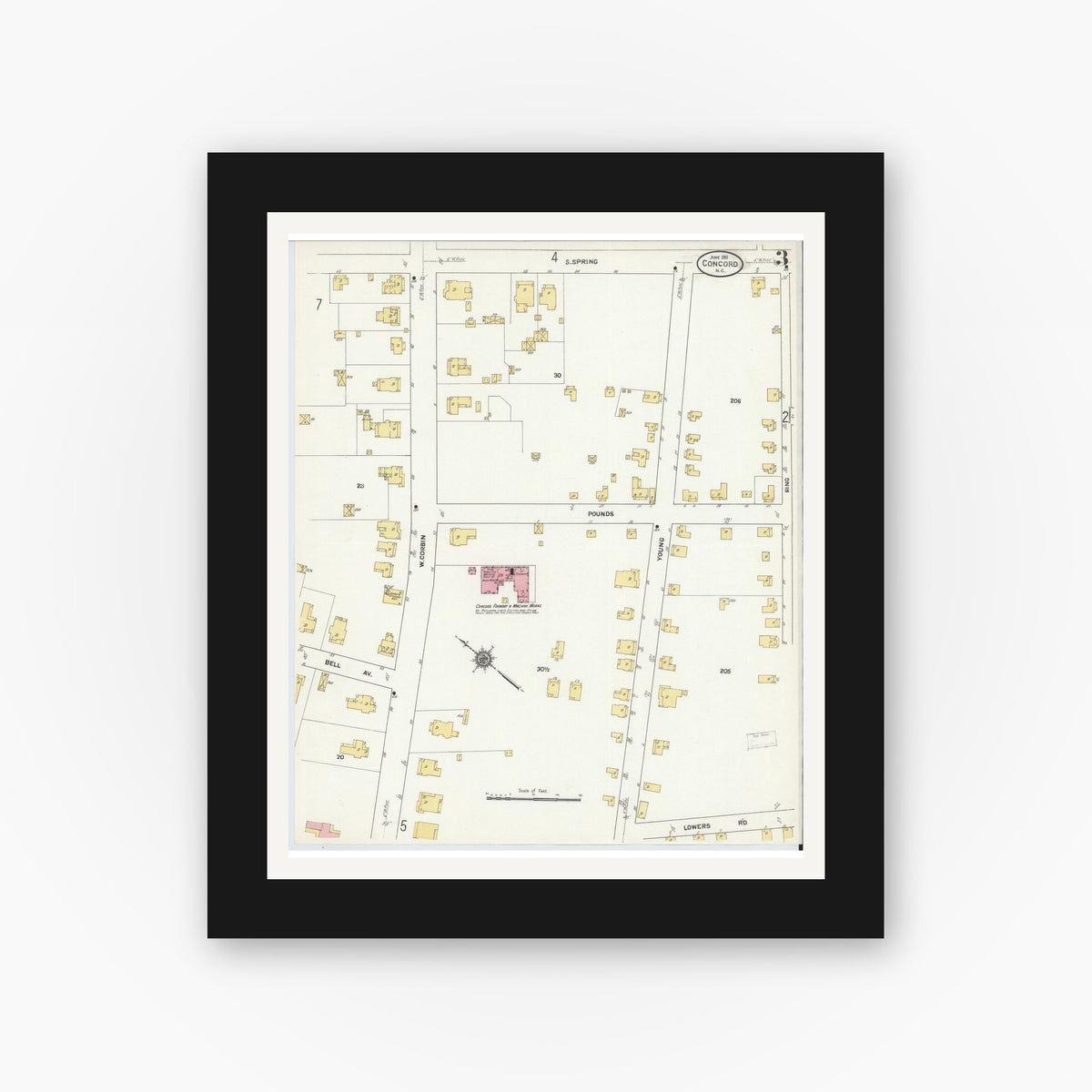 Old map wall art mockup — black gallery frame with white mat — Sanborn Fire Insurance Map from Concord, Cabarrus County, North Carolina (1911), Sheet #0003