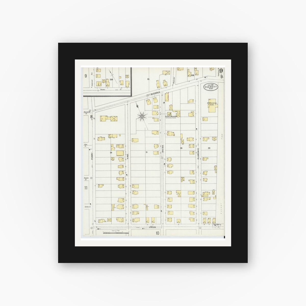 Old map wall art mockup — black gallery frame with white mat — Sanborn Fire Insurance Map from Everett, Middlesex County, Massachusetts (1897), Sheet #0009