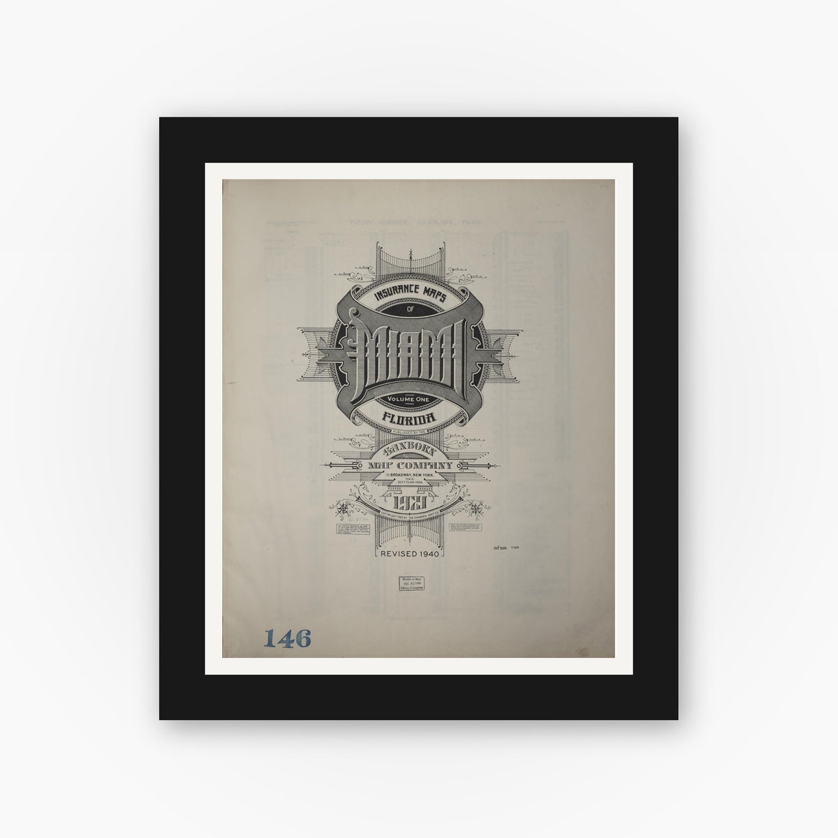 Old map wall art mockup — black gallery frame with white mat — Sanborn Fire Insurance Map from Miami, Dade County, Florida (1940), Sheet #0001