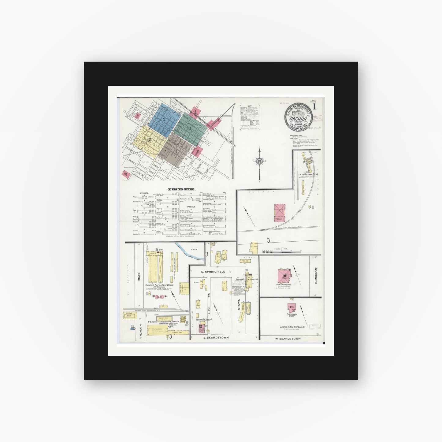 Old map wall art mockup — black gallery frame with white mat — Sanborn Fire Insurance Map from Virginia, Cass County, Illinois (1909) - Complete Map Set