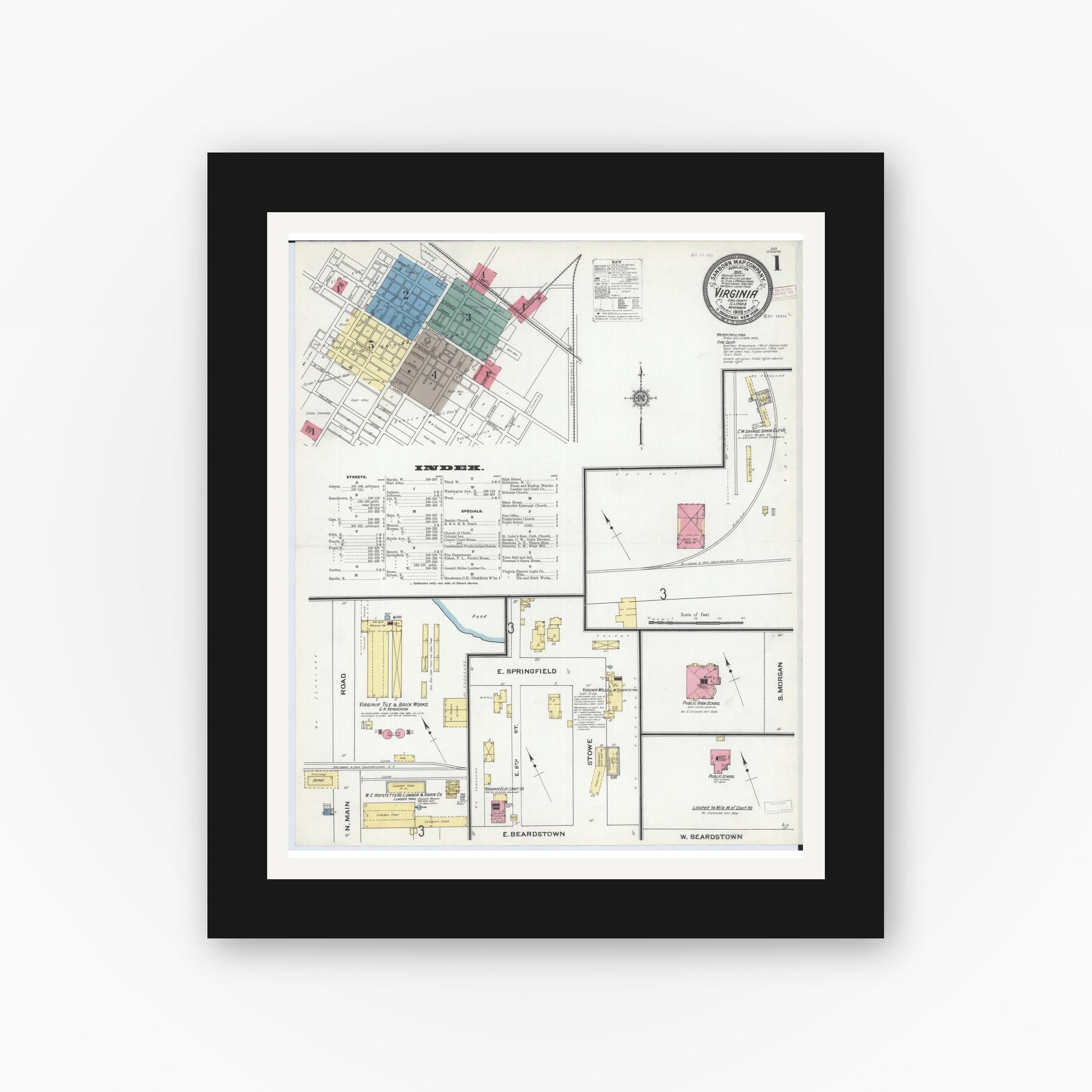 Old map wall art mockup — black gallery frame with white mat — Sanborn Fire Insurance Map from Virginia, Cass County, Illinois (1909) - Complete Map Set