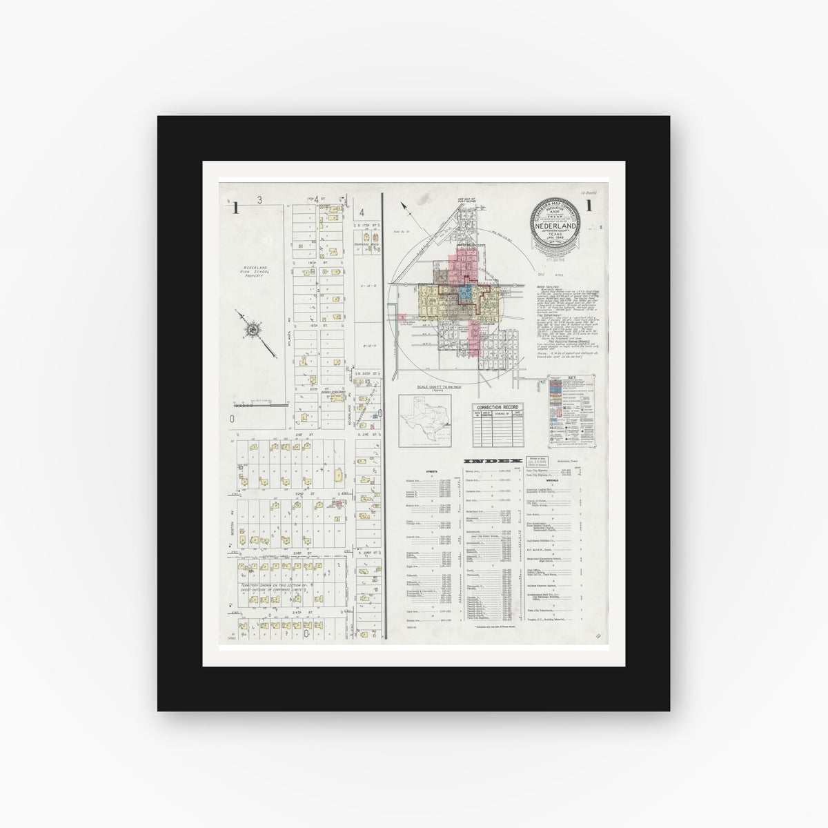 Old map wall art mockup — black gallery frame with white mat — Sanborn Fire Insurance Map from Nederland, Jefferson County, Texas (1949) - Complete Map Set