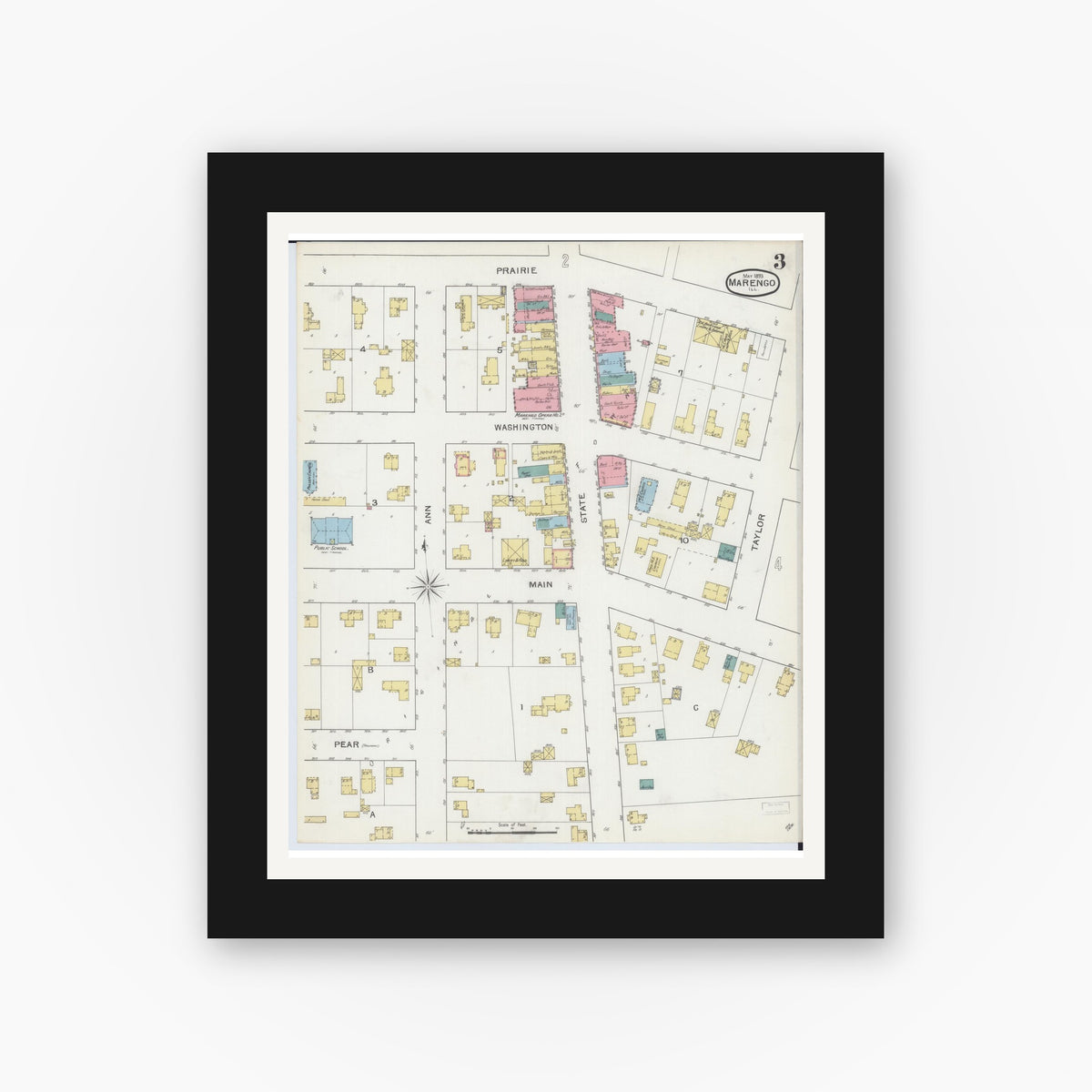 Old map wall art mockup — black gallery frame with white mat — Sanborn Fire Insurance Map from Marengo, McHenry County, Illinois (1893), Sheet #0003