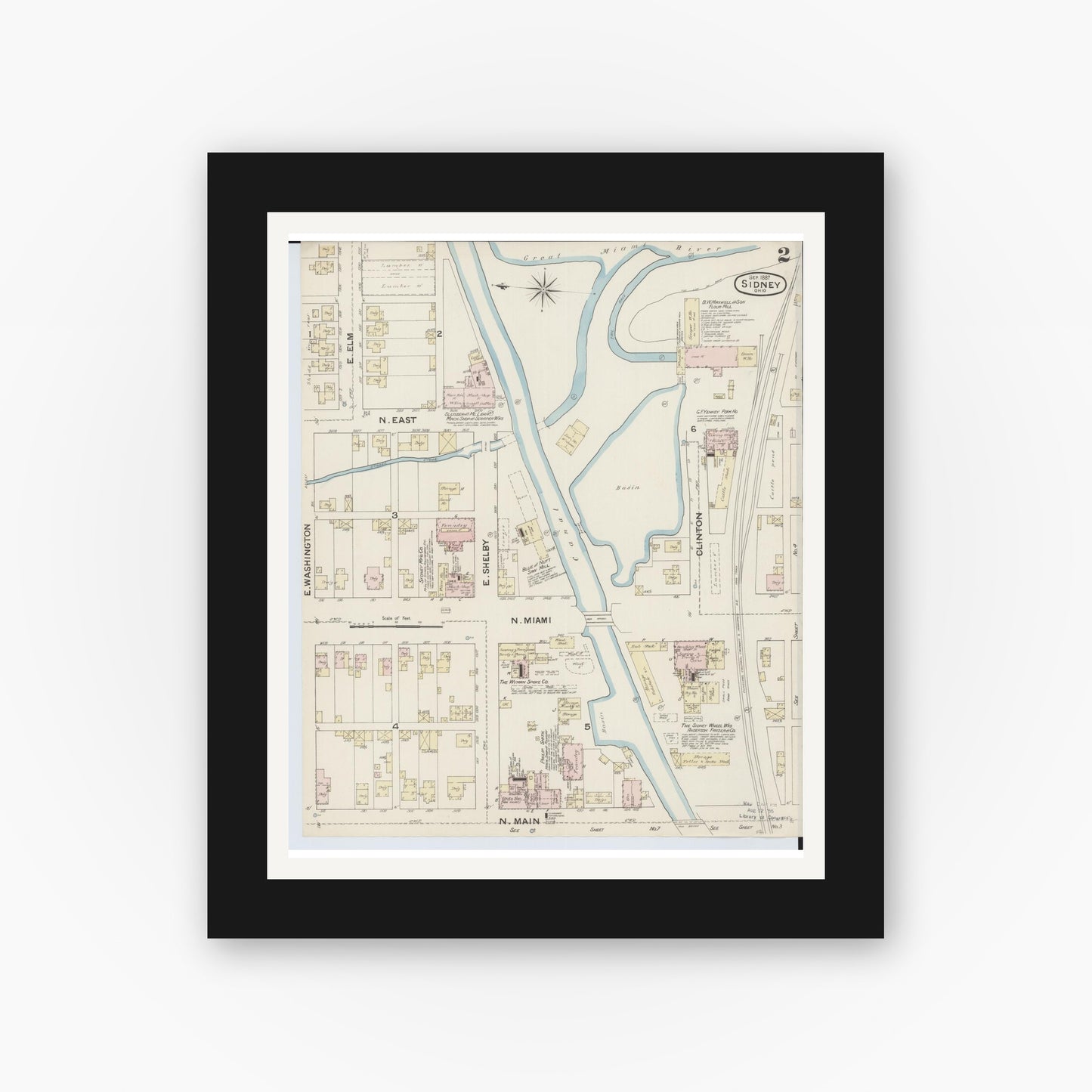 Old map wall art mockup — black gallery frame with white mat — Sanborn Fire Insurance Map from Sidney, Shelby County, Ohio (1887), Sheet #0002
