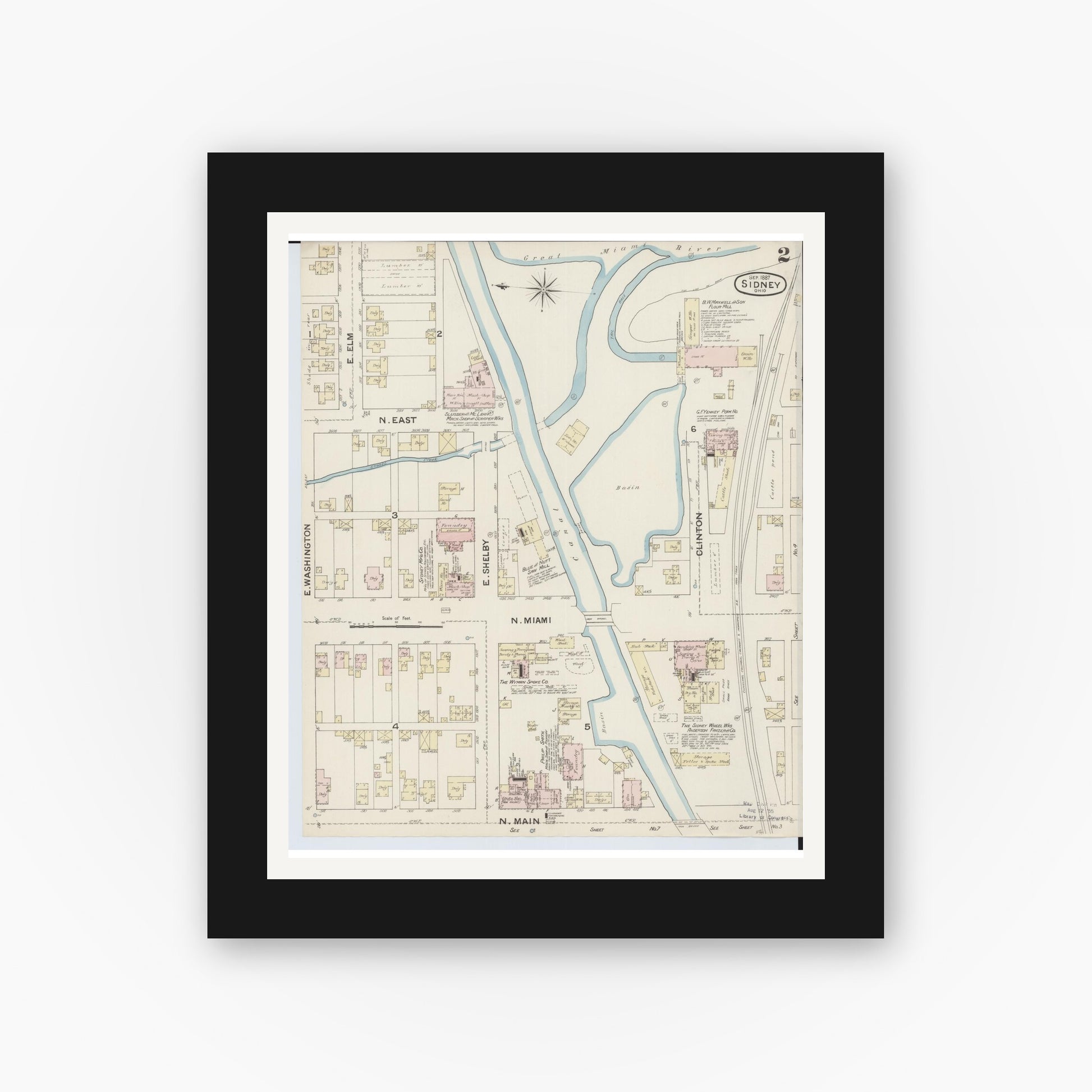 Old map wall art mockup — black gallery frame with white mat — Sanborn Fire Insurance Map from Sidney, Shelby County, Ohio (1887), Sheet #0002