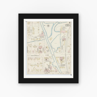 Old map wall art mockup — black gallery frame with white mat — Sanborn Fire Insurance Map from Sidney, Shelby County, Ohio (1887), Sheet #0002