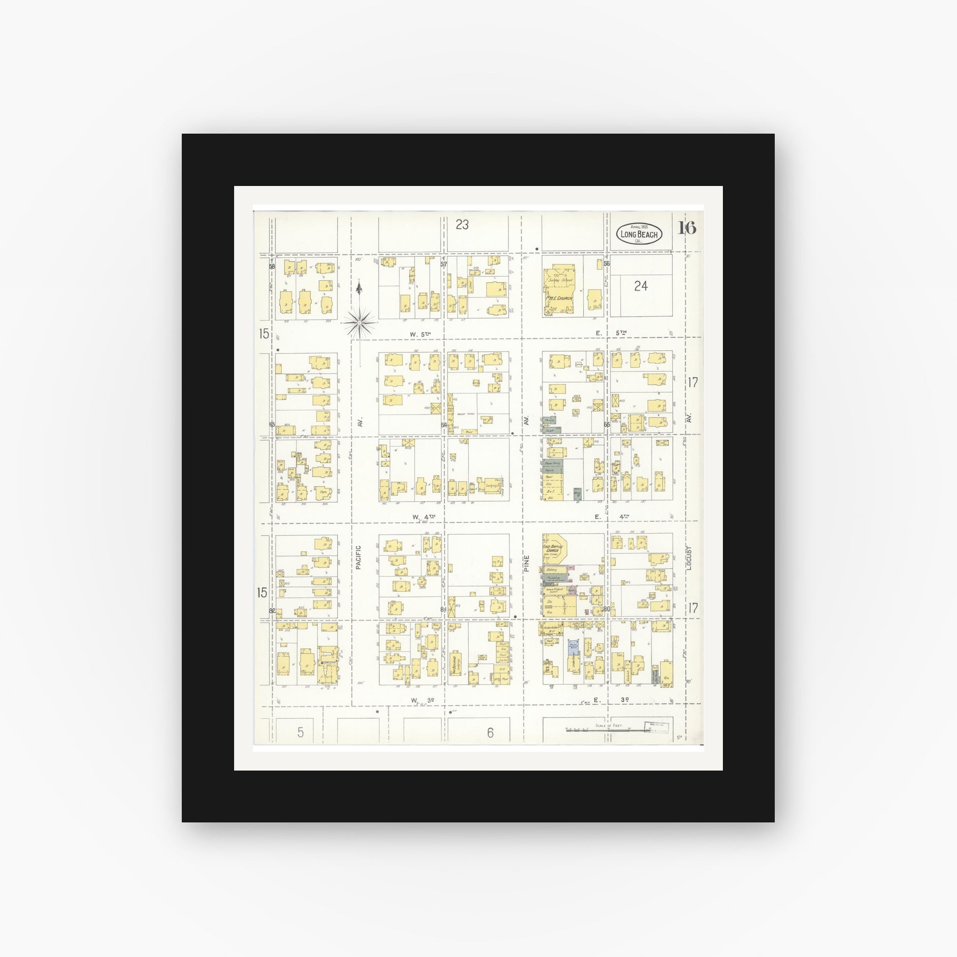Old map wall art mockup — black gallery frame with white mat — Sanborn Fire Insurance Map from Long Beach, Los Angeles County, California (1905), Sheet #0016