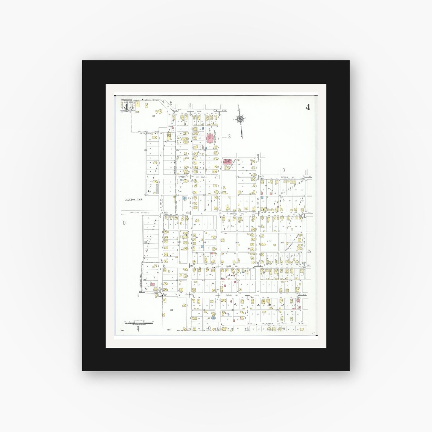 Old map wall art mockup — black gallery frame with white mat — Sanborn Fire Insurance Map from Byesville, Guernsey County, Ohio (1948), Sheet #0004