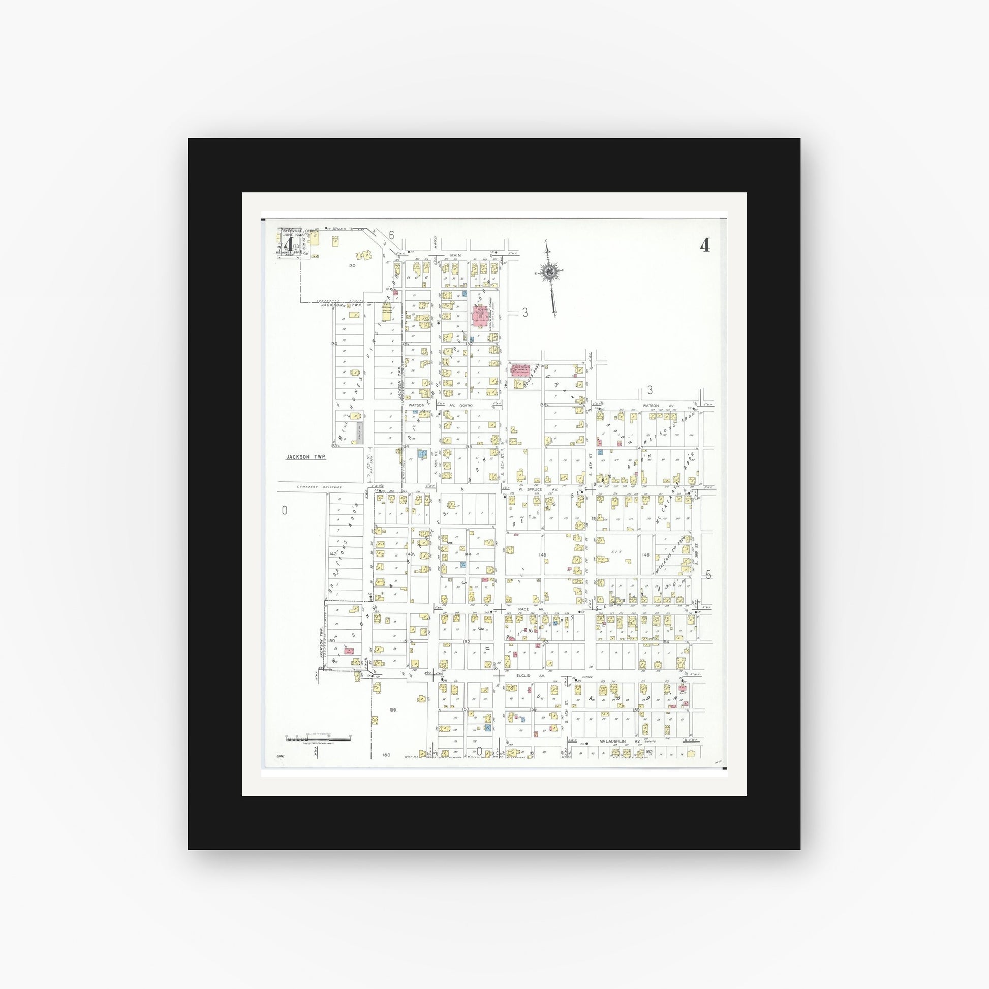 Old map wall art mockup — black gallery frame with white mat — Sanborn Fire Insurance Map from Byesville, Guernsey County, Ohio (1948), Sheet #0004
