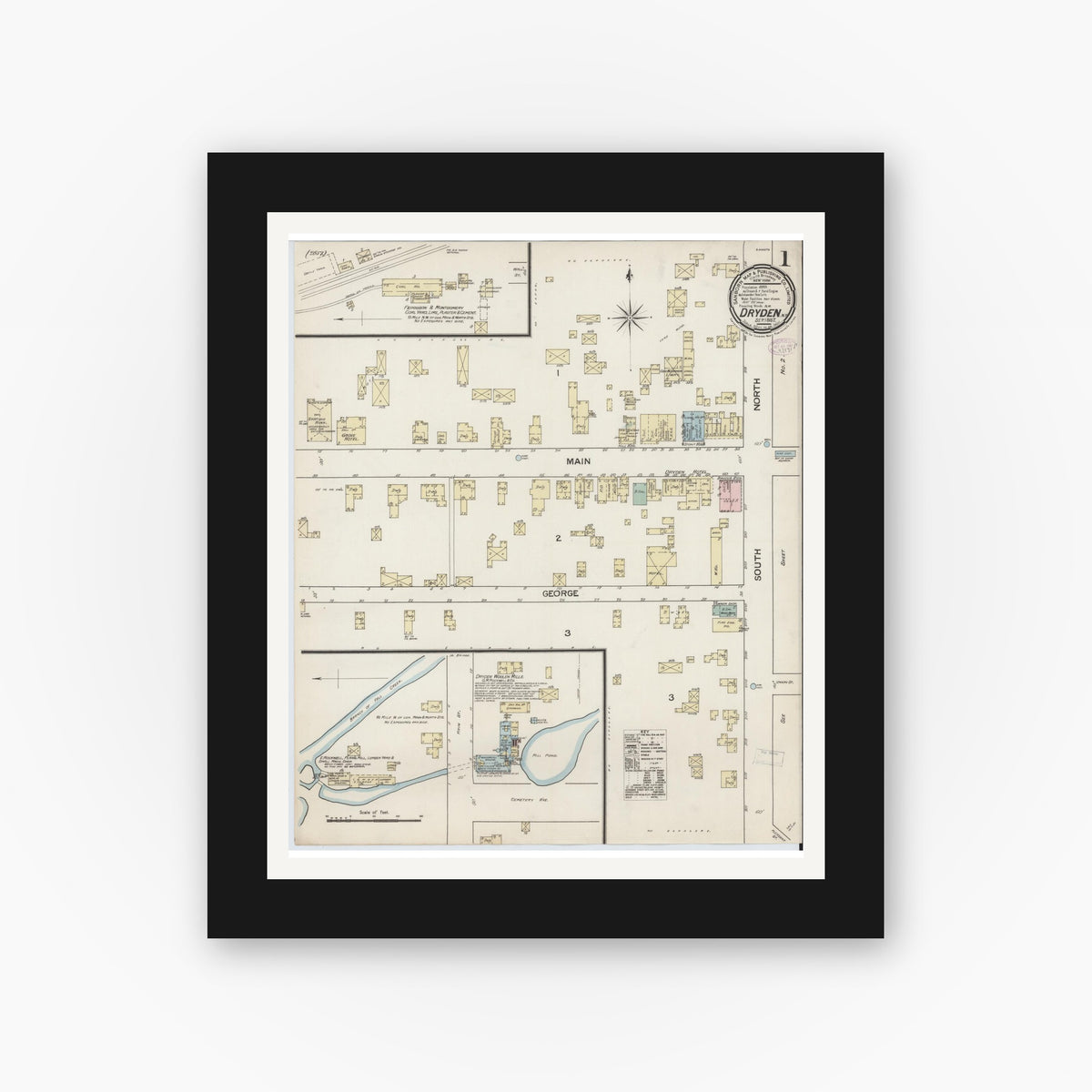 Old map wall art mockup — black gallery frame with white mat — Sanborn Fire Insurance Map from Dryden, Tompkins County, New York (1887) - Complete Map Set