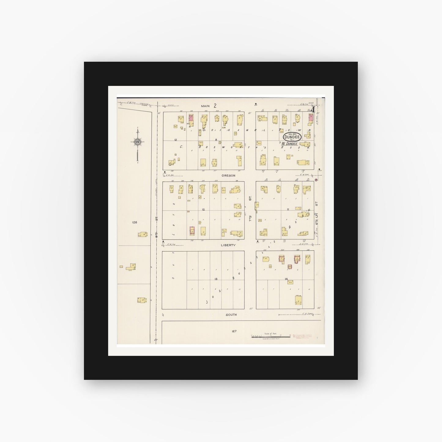 Old map wall art mockup — black gallery frame with white mat — Sanborn Fire Insurance Map from Dundee, Kane County, Illinois (1922), Sheet #0004