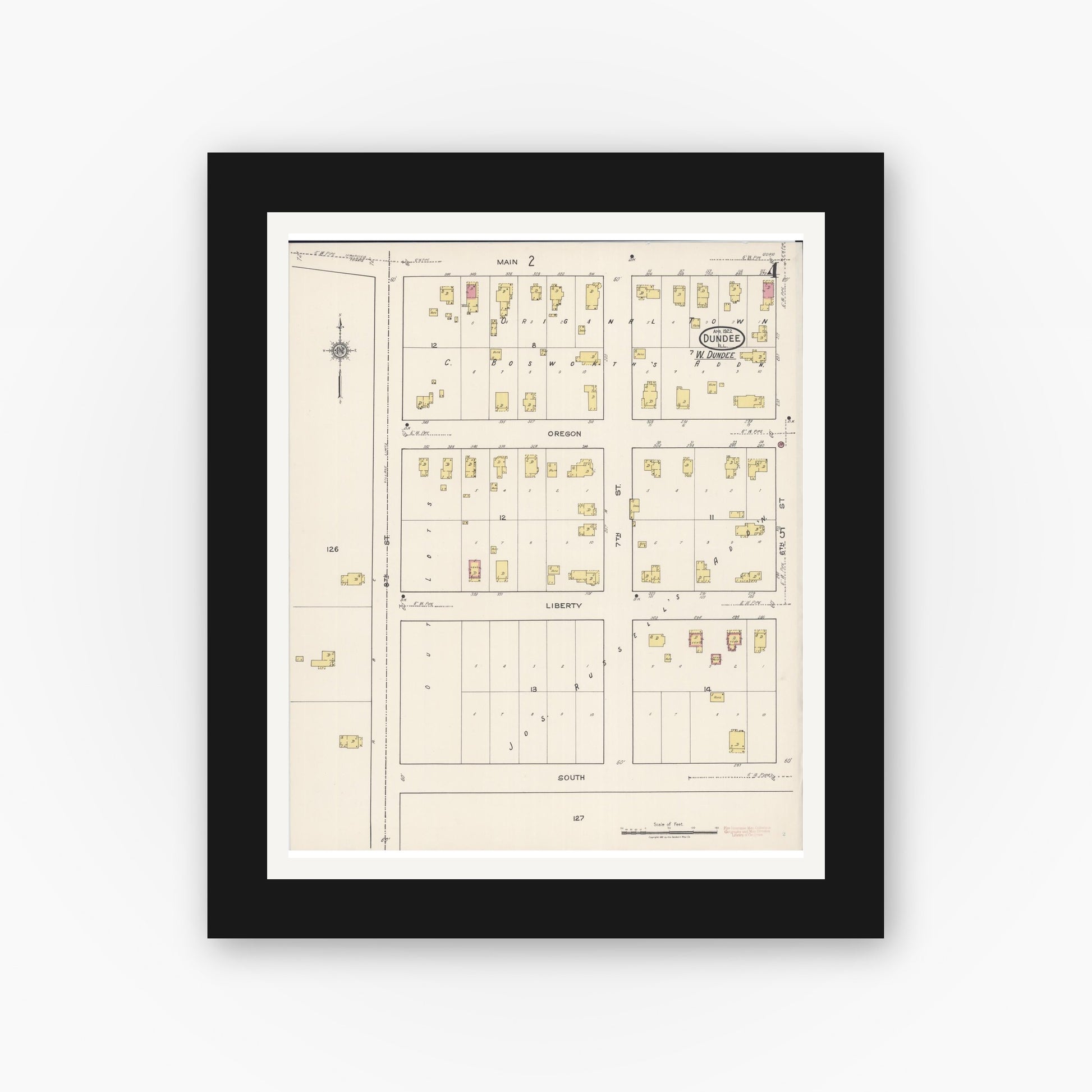 Old map wall art mockup — black gallery frame with white mat — Sanborn Fire Insurance Map from Dundee, Kane County, Illinois (1922), Sheet #0004
