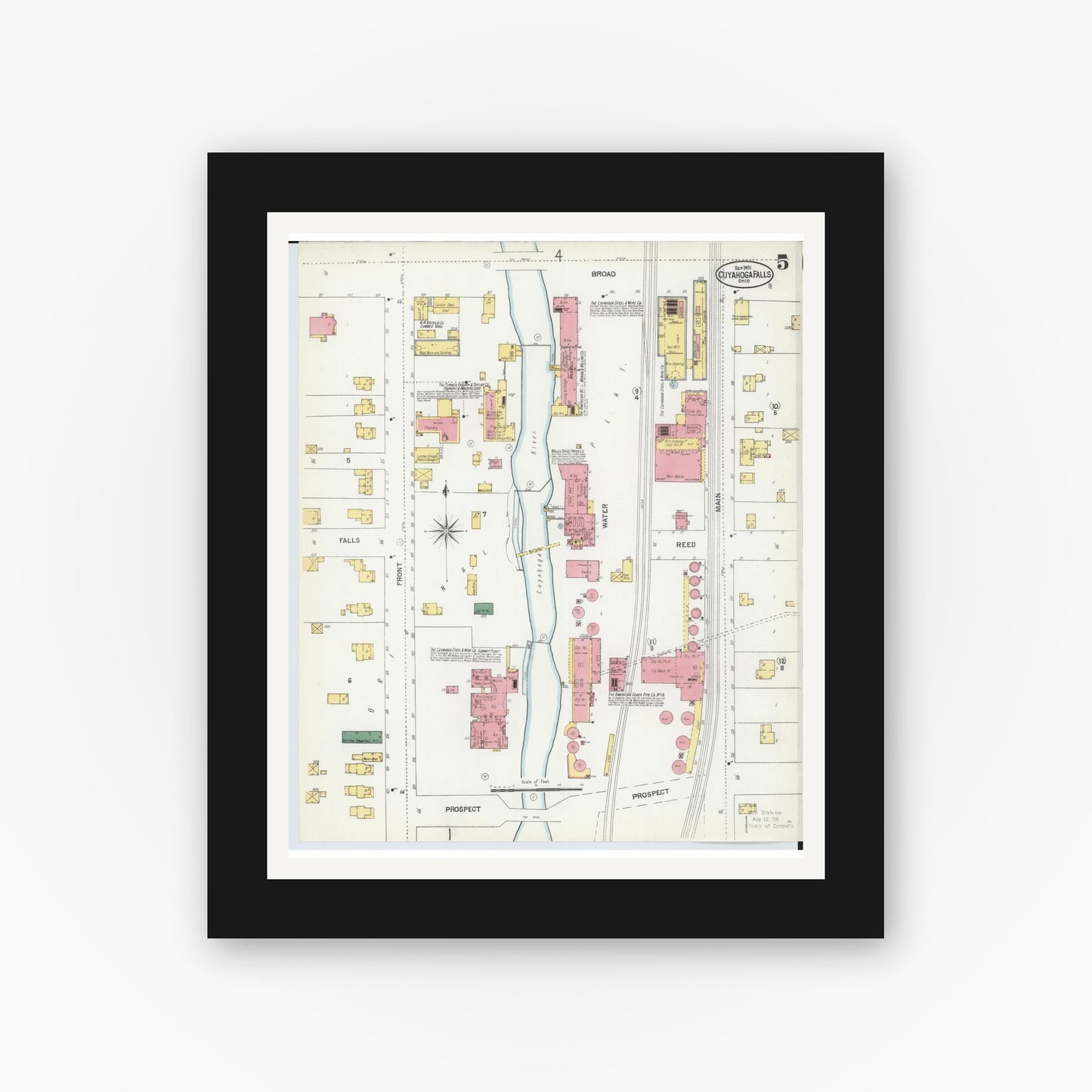 Old map wall art mockup — black gallery frame with white mat — Sanborn Fire Insurance Map from Cuyahoga Falls, Summit County, Ohio (1901), Sheet #0005