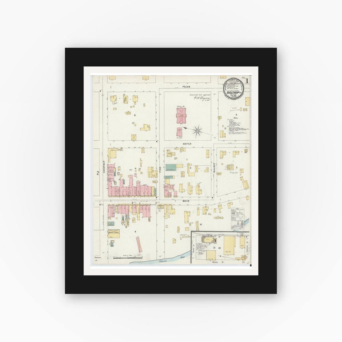 Old map wall art mockup — black gallery frame with white mat — Sanborn Fire Insurance Map from Bastrop, Bastrop County, Texas (1896), Sheet #0001