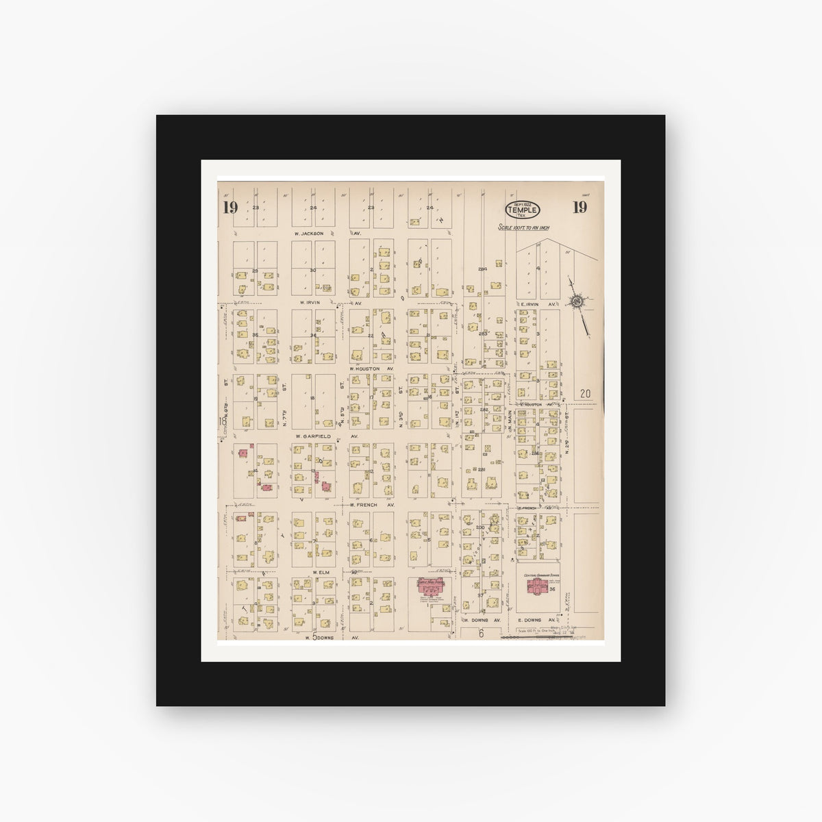 Old map wall art mockup — black gallery frame with white mat — Sanborn Fire Insurance Map from Temple, Bell County, Texas (1922), Sheet #0019